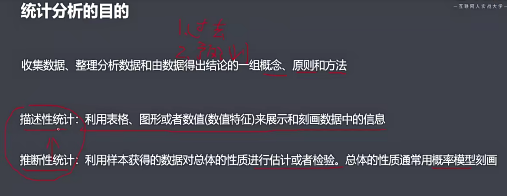 描述性统计大概了解数据表象的特征,再通过推断性统计检验表象特征哪些真哪些假